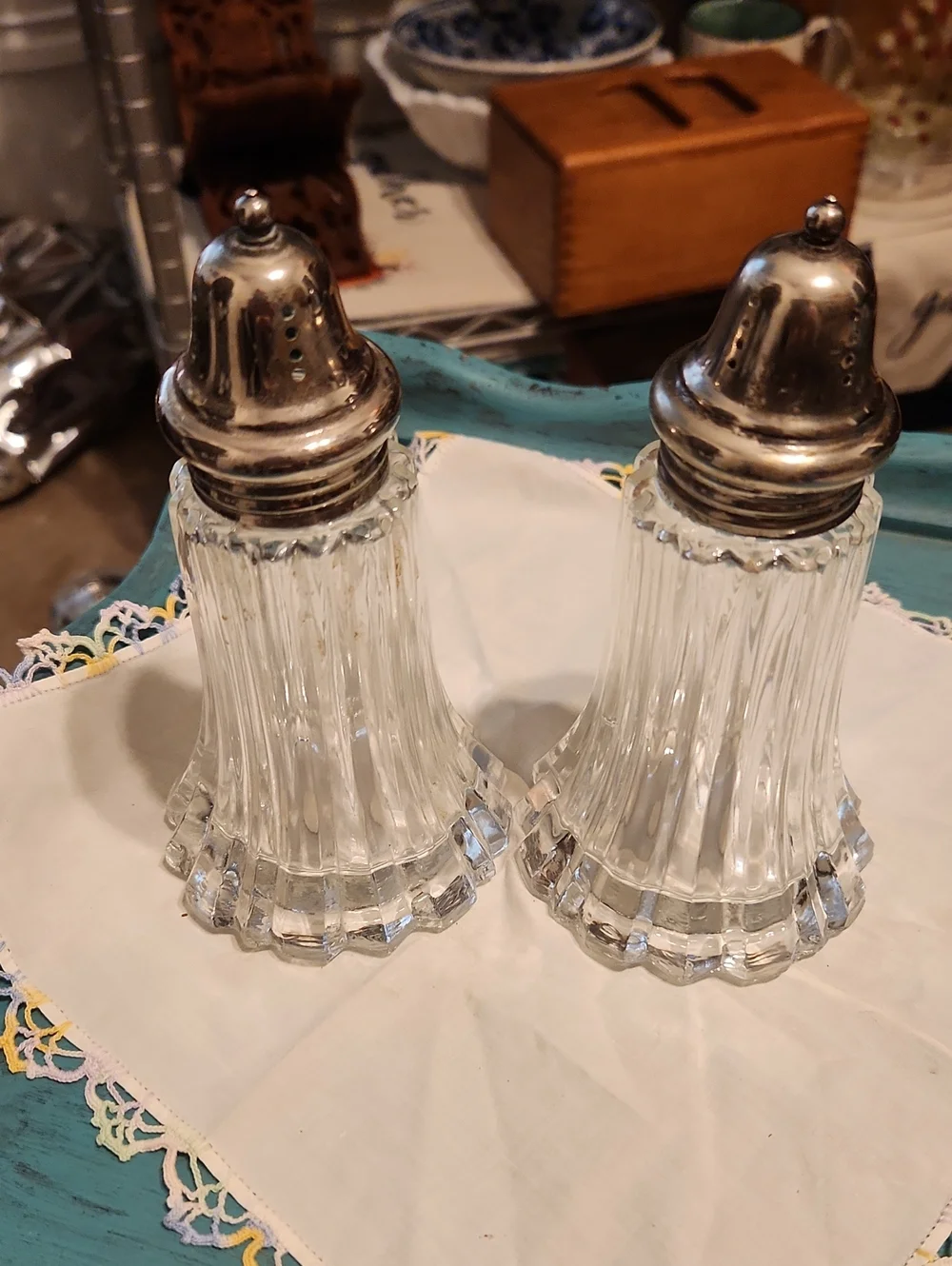 Vintage F. B. Rogers Crystal Salt and Pepper Shakers with Silver Tops